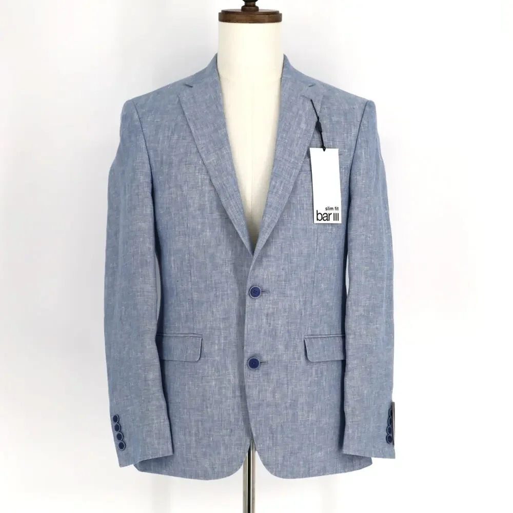 Bar III Men's Light Blue Linen Summer Casual Slim Formal Suit Jacket Size 36S